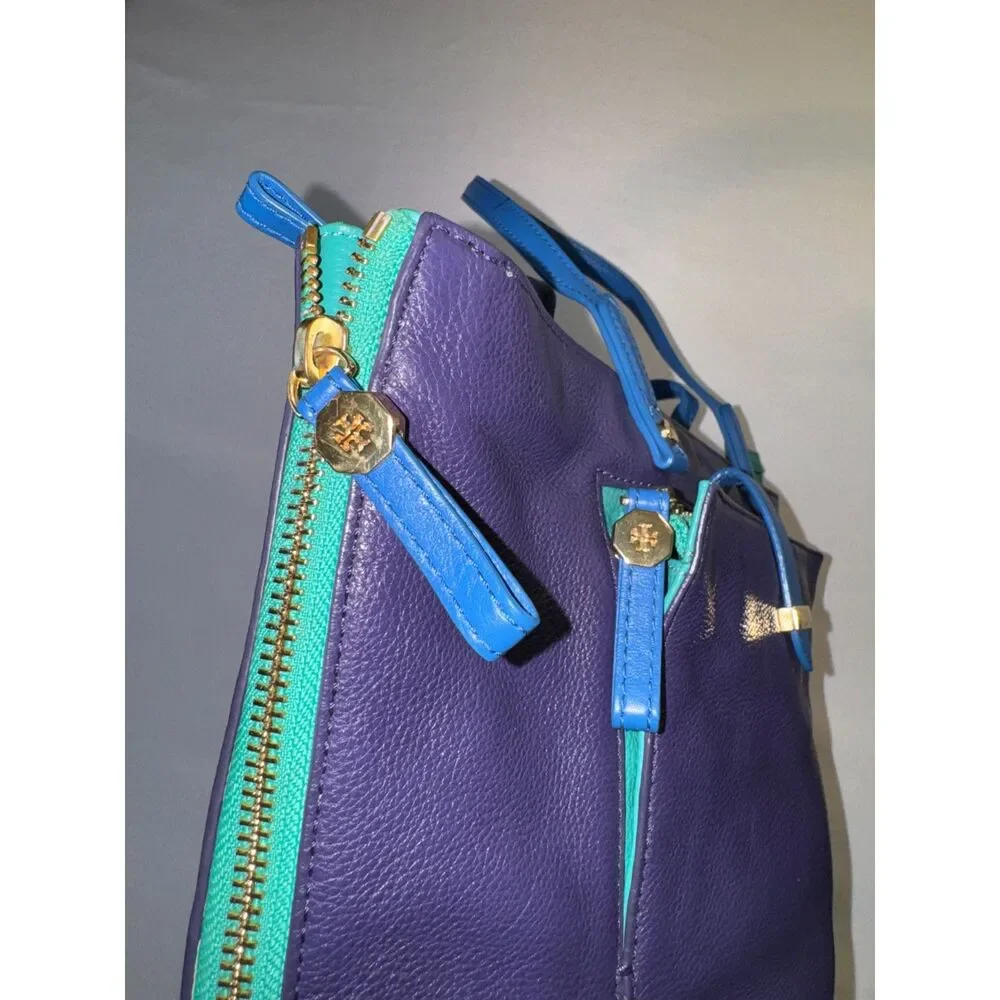 Tory Burch Blue, Purple, Green Color Blocked leather purse.